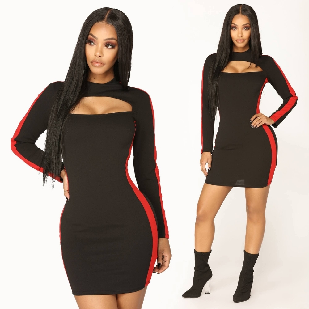 Chic Black and Red Bodycon DressFashion Nova Small Red Black Cut-Out Long Sleeve